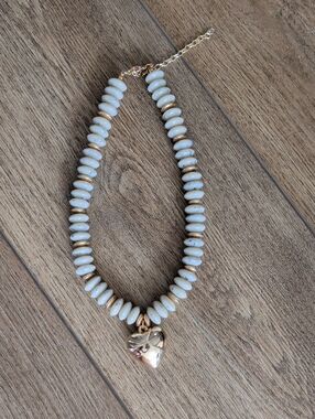Gold Heart Pendant Beaded Choker Necklace - White Beads